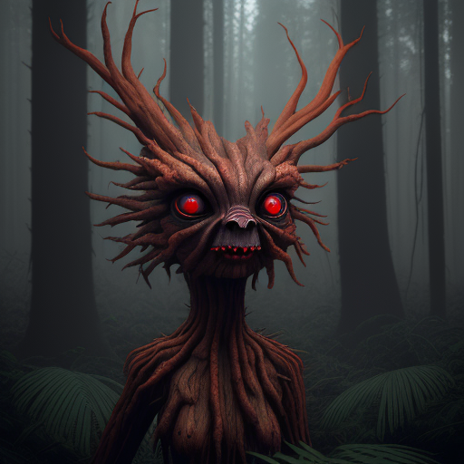 DreamShaper prompt: a scary looking wood creature with a red eye, in t...