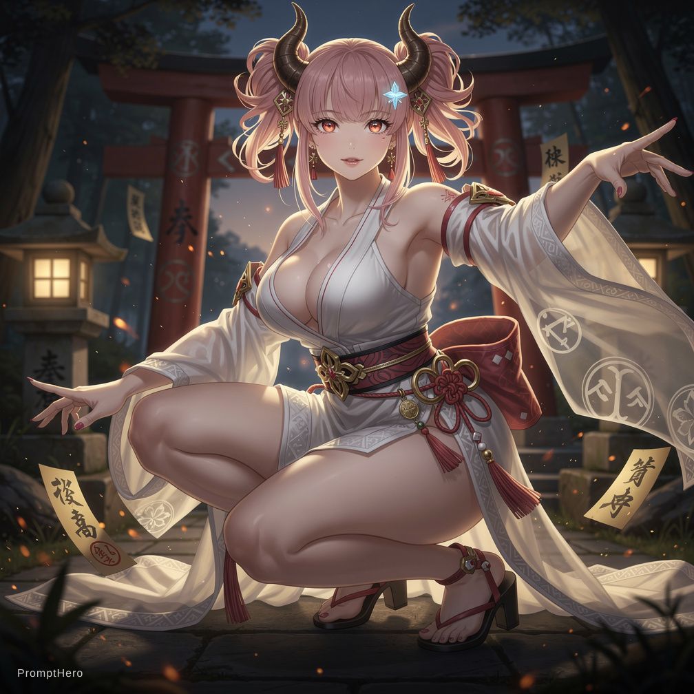 Hero prompt: a portrait of a priestess with pink hair and a whi...