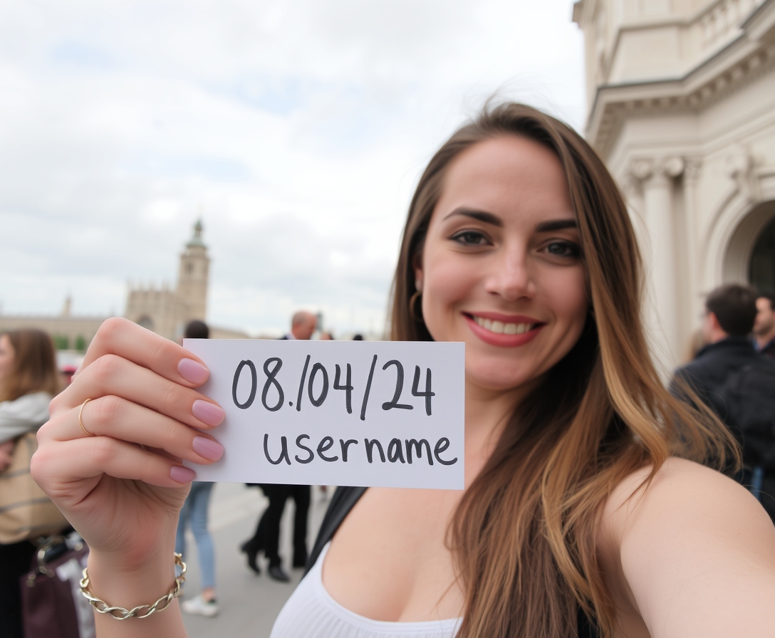 FLUX prompt: Selfie of a lady holding a handwritten small sign ...