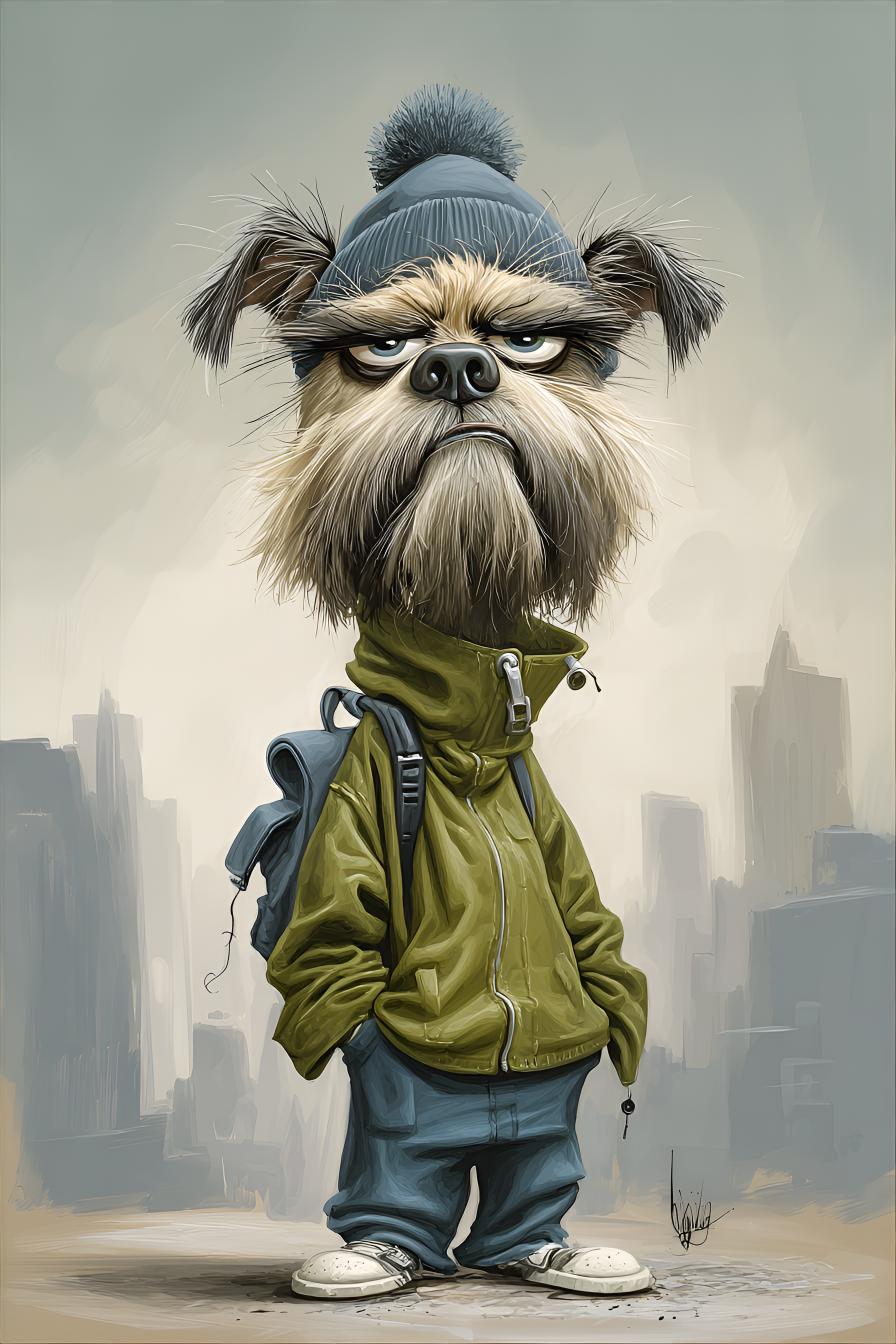 Midjourney prompt: funny caricature, grumpy urban dog, male, 7 years ...
