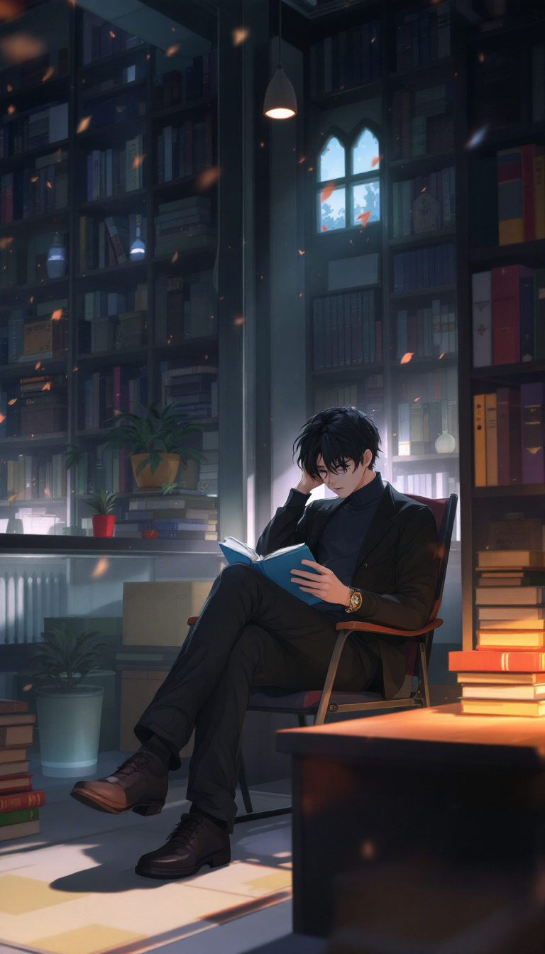 FLUX prompt: anime, boy, introvert, library, academia, dark aca...