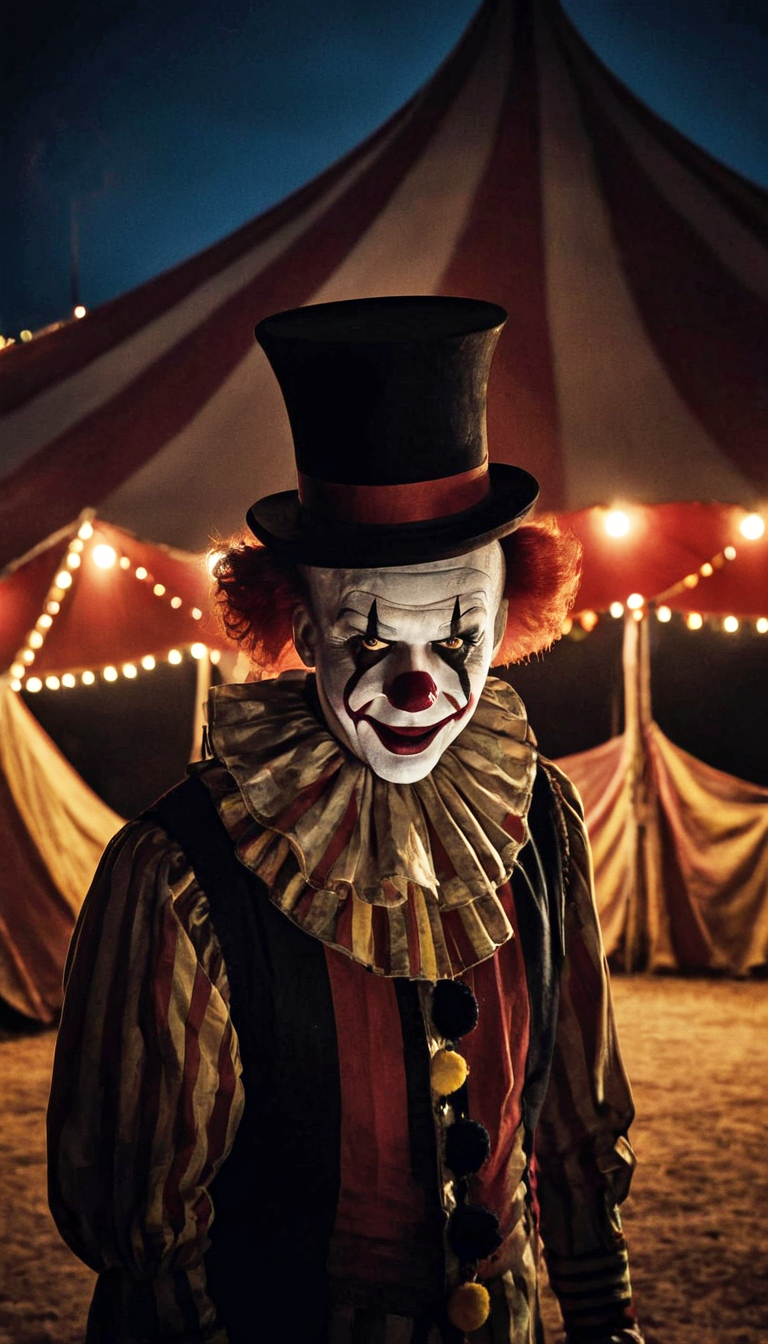 Stable Diffusion prompt: A evil clown standing in front of the circus tent ...
