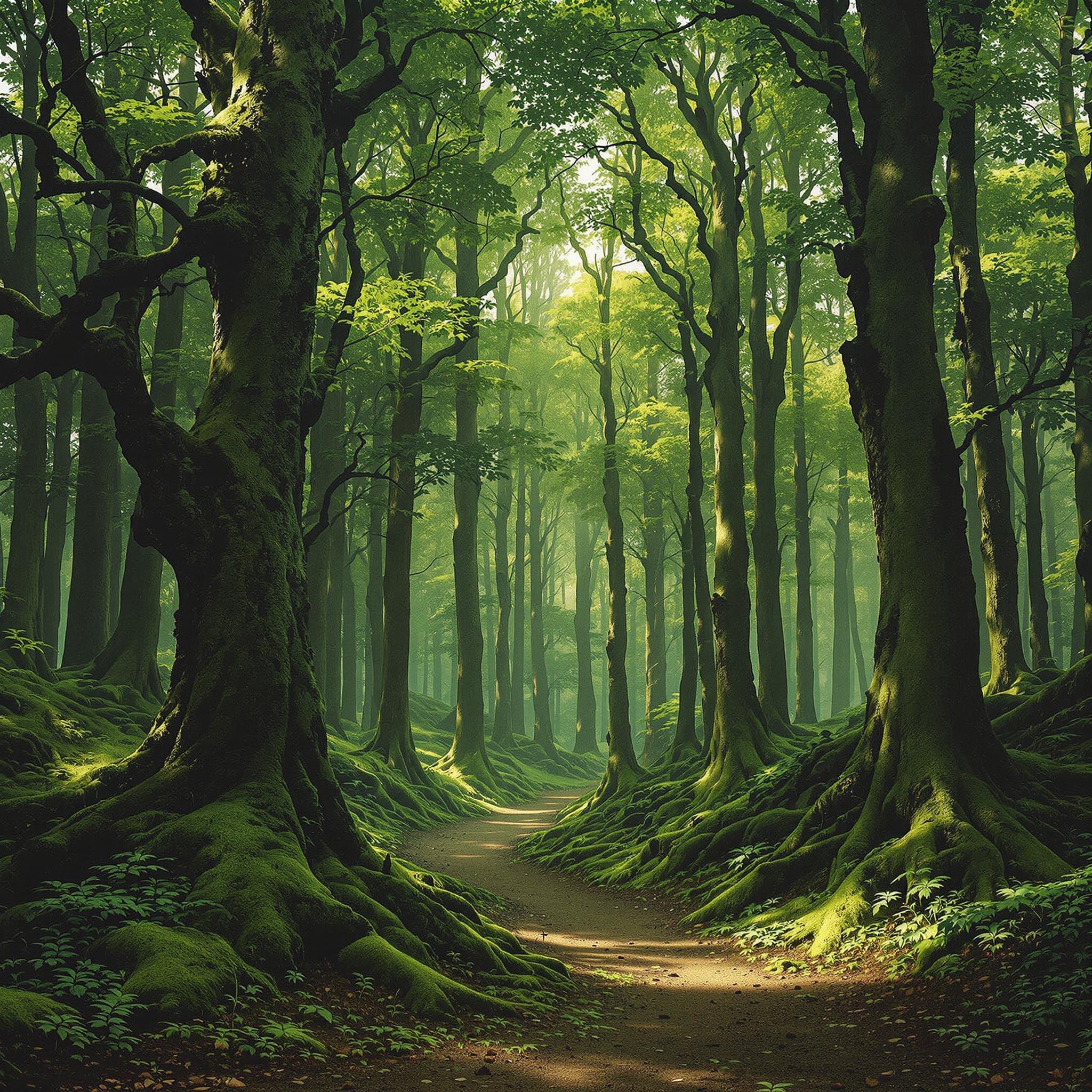 FLUX prompt: A lush, green forest with tall trees and a soft, l...