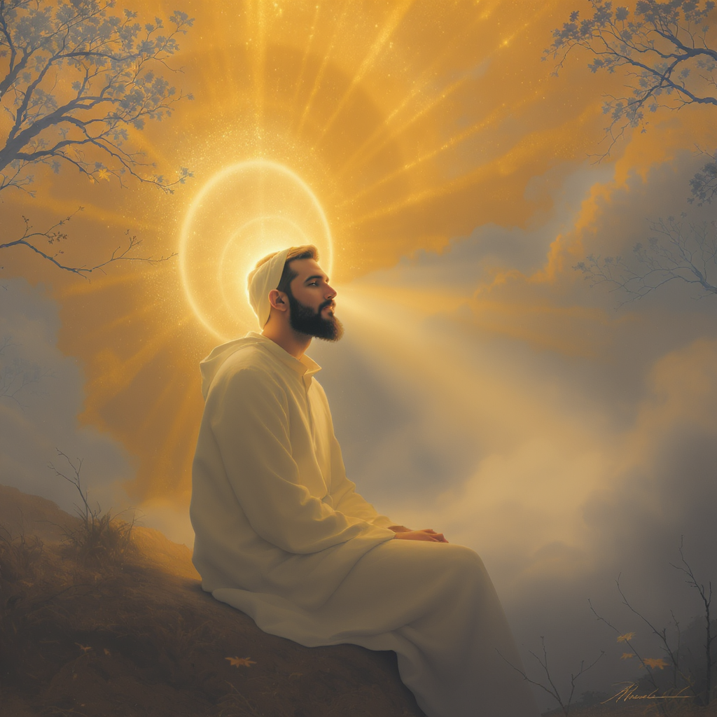 FLUX prompt: A serene, ethereal scene where a man sits in a mis...