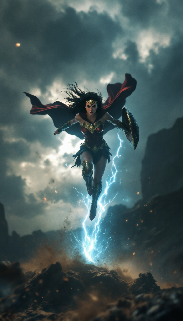 FLUX prompt: Epic slow-motion scene of a young female superhero...