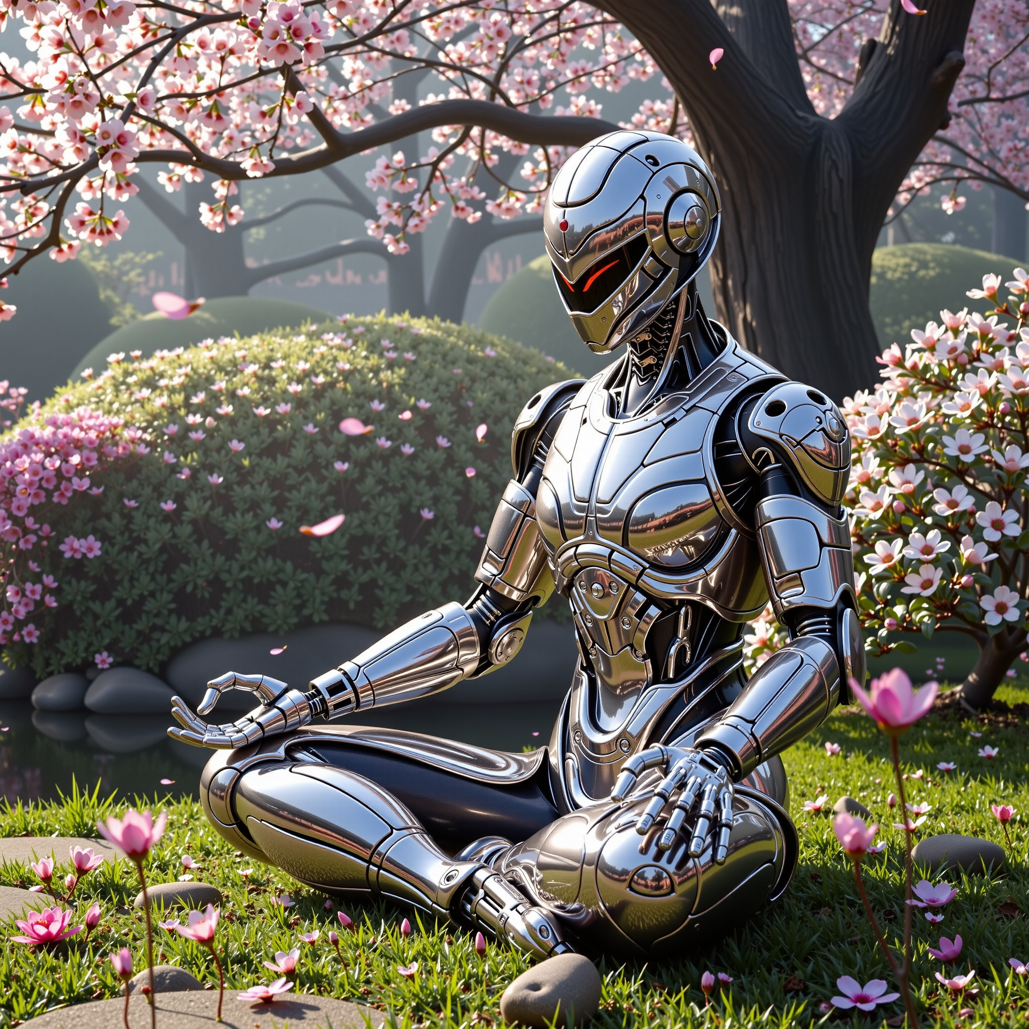 FLUX prompt: A hyperrealistic cyborg ninja meditating in a sere...