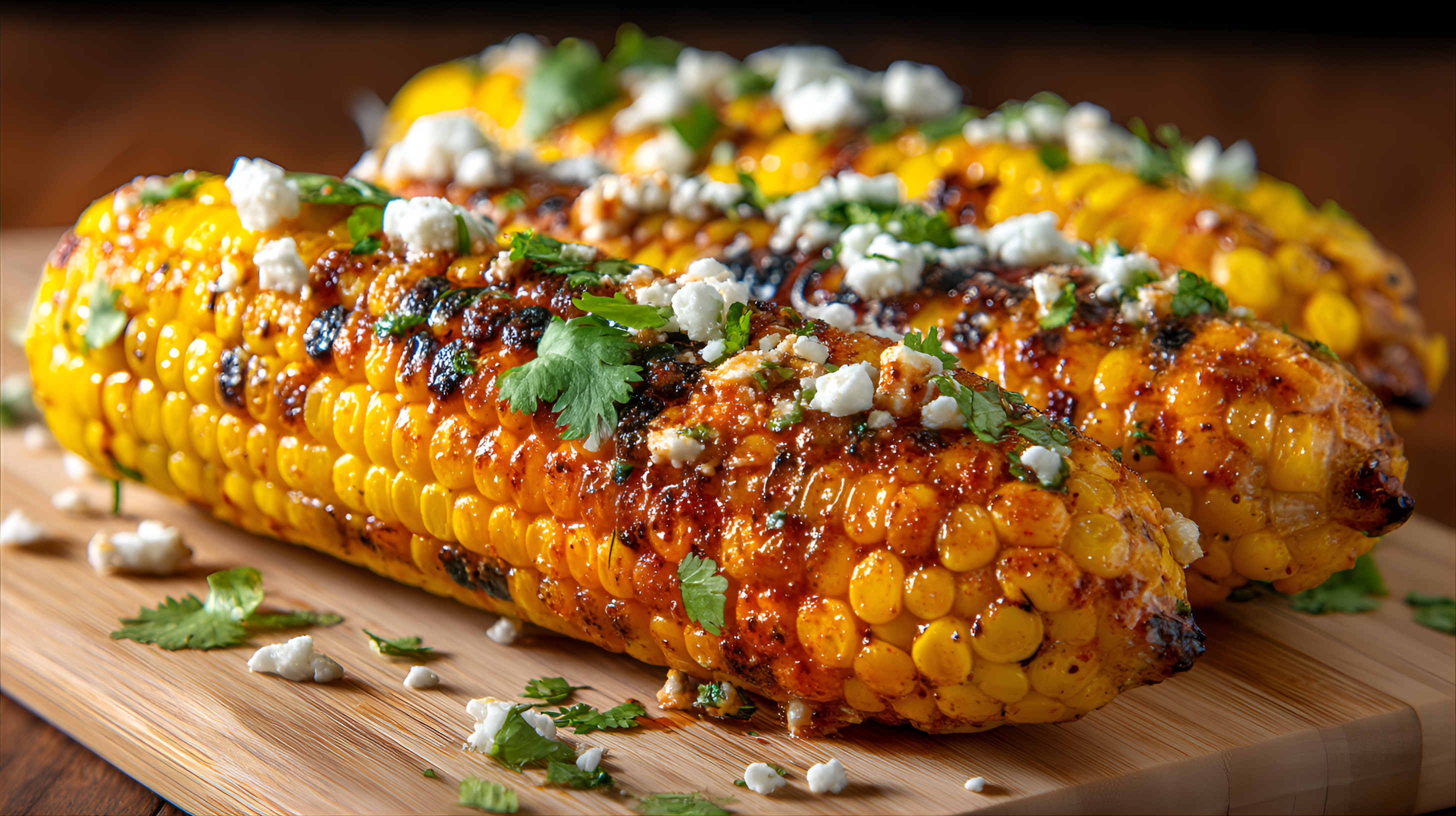 Midjourney prompt: several grilled corn on the cob, sprinkled with c...