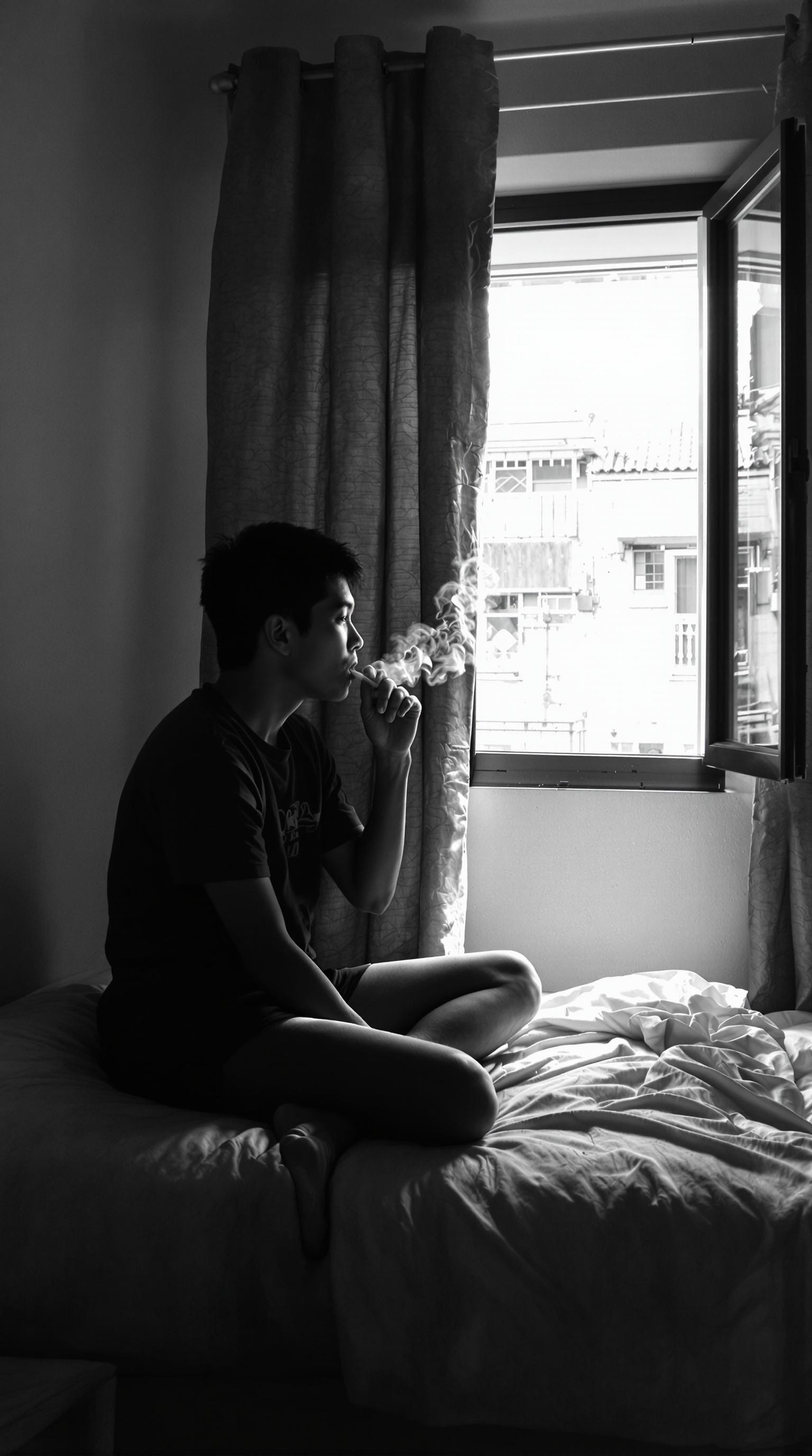 FLUX prompt: Cinematic black and white, an Asian looking boy is...