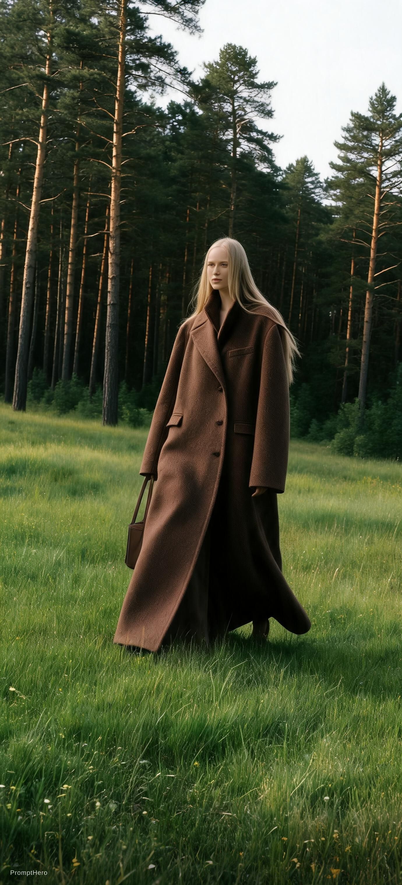 Hero prompt: a woman walking through a lush green field, vogue ...