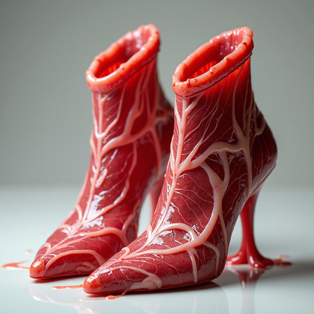 FLUX prompt: a pair of surreal raw meat shoes made of splashy (...