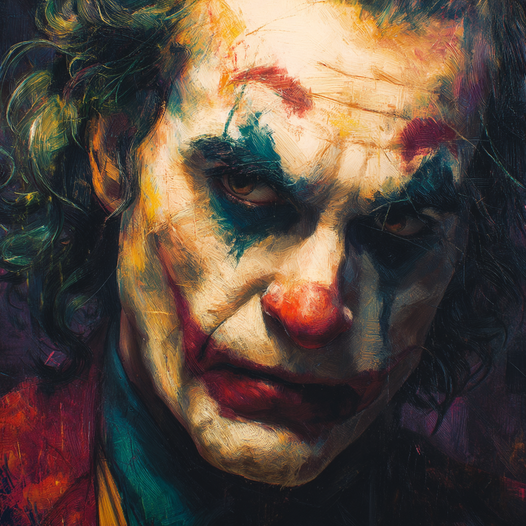 Midjourney prompt: Close-up portrait of the Joker, Caucasian, adult m...