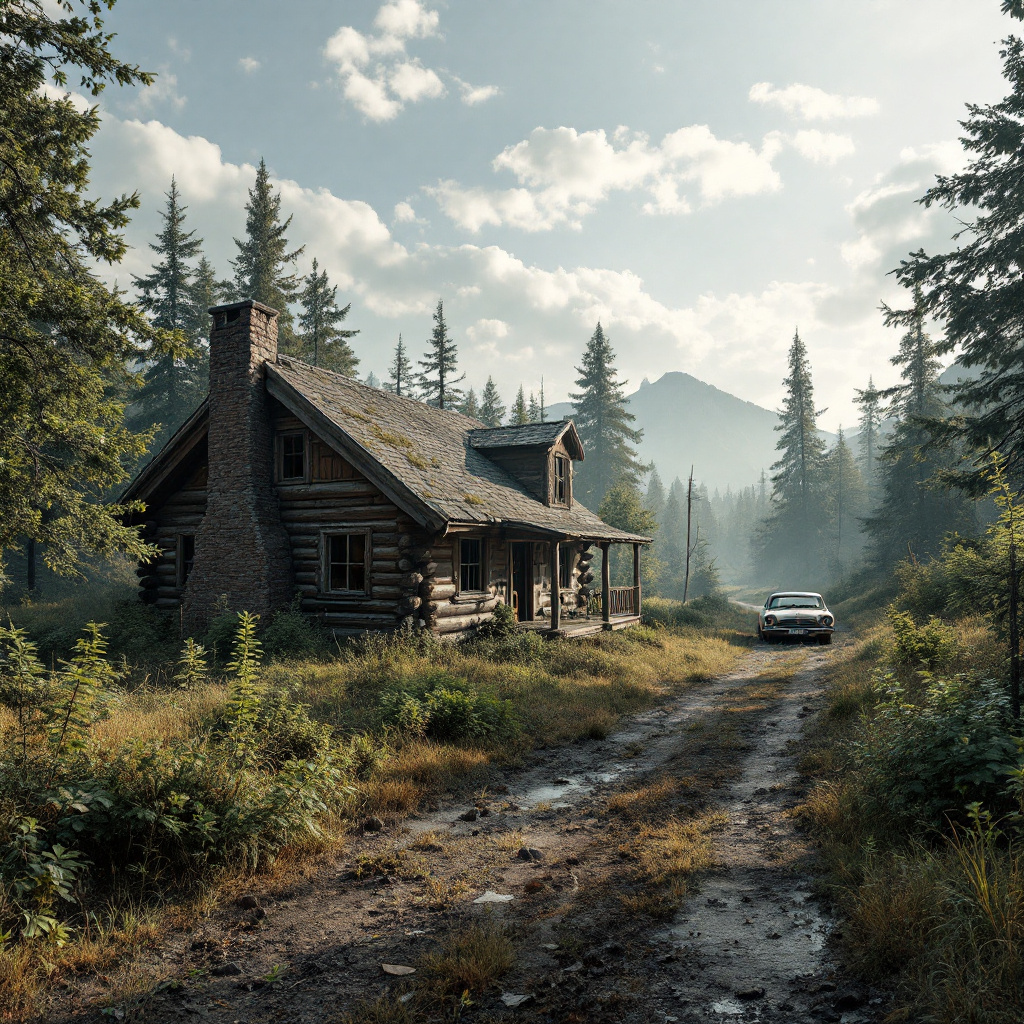 FLUX prompt: The image shows an old, dilapidated gas log cabin ...