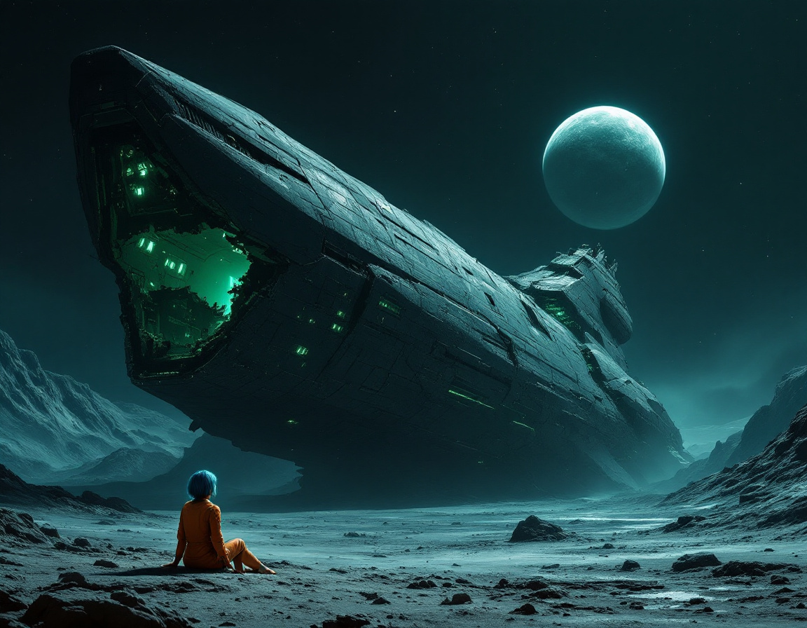 FLUX prompt: A female astronaut, blue short hair, barefoot, ora...