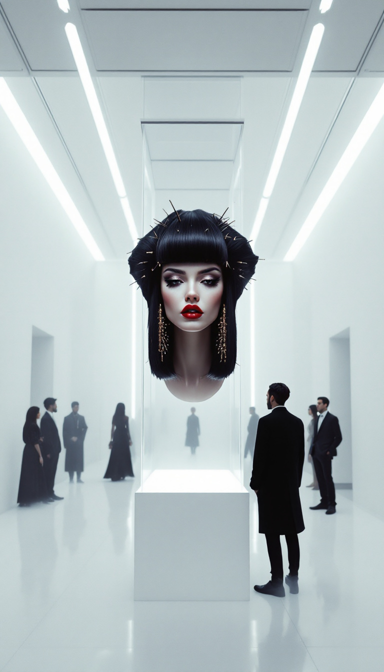 FLUX prompt: A futuristic museum hall filled with a soft, drift...