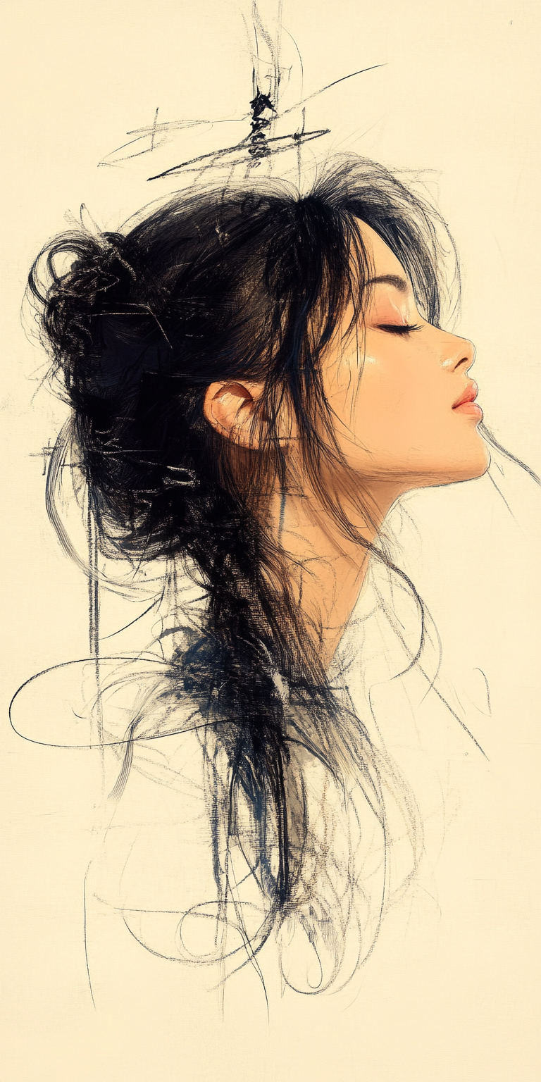 Midjourney prompt: drawing of a woman, in the style of video montages...