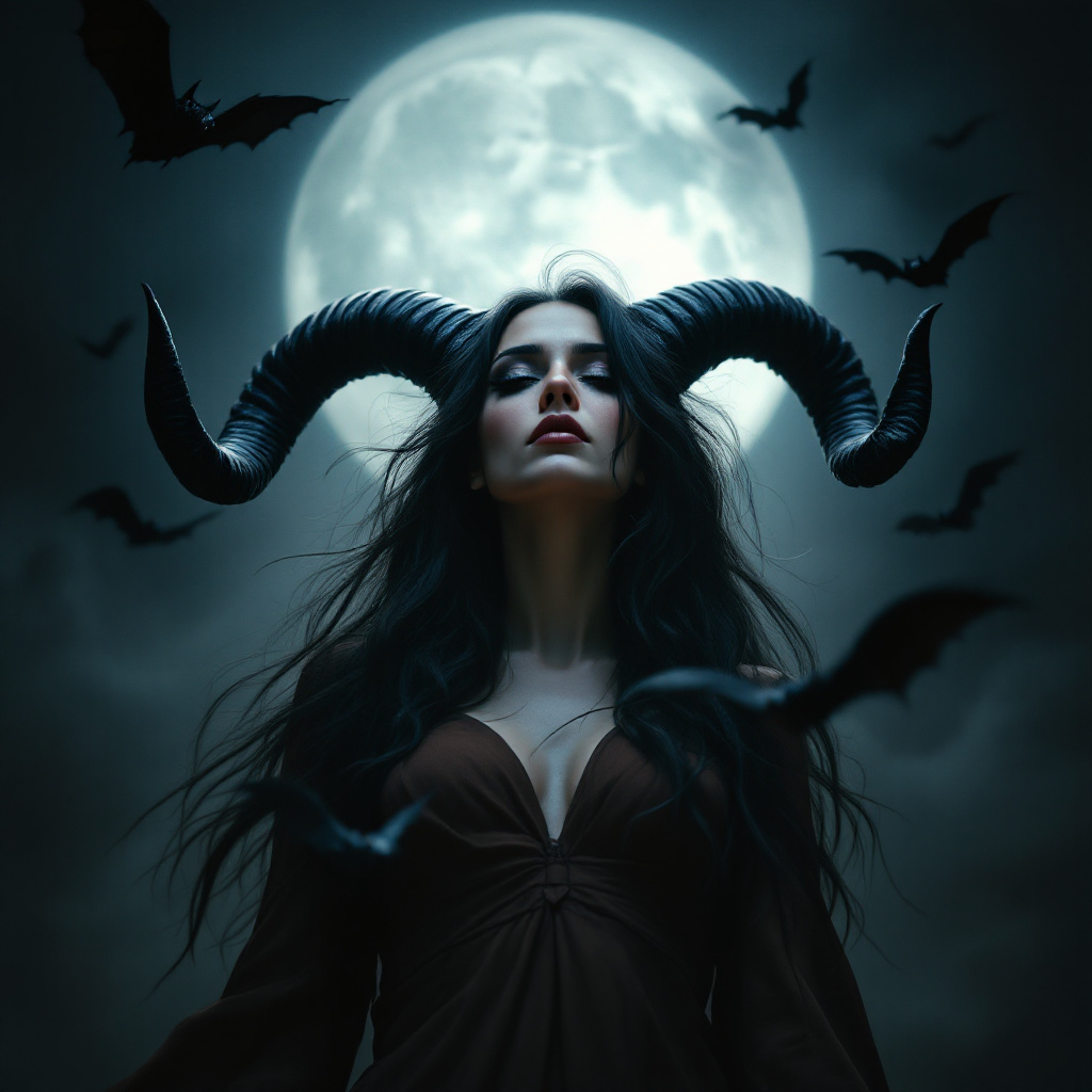 FLUX prompt: a woman with long, dark hair and horns, wearing a ...