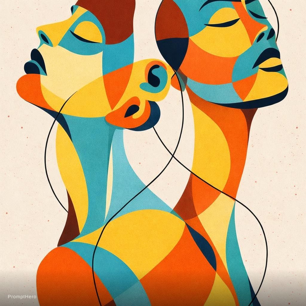 Hero prompt: modern abstract portrait of two overlapping female...