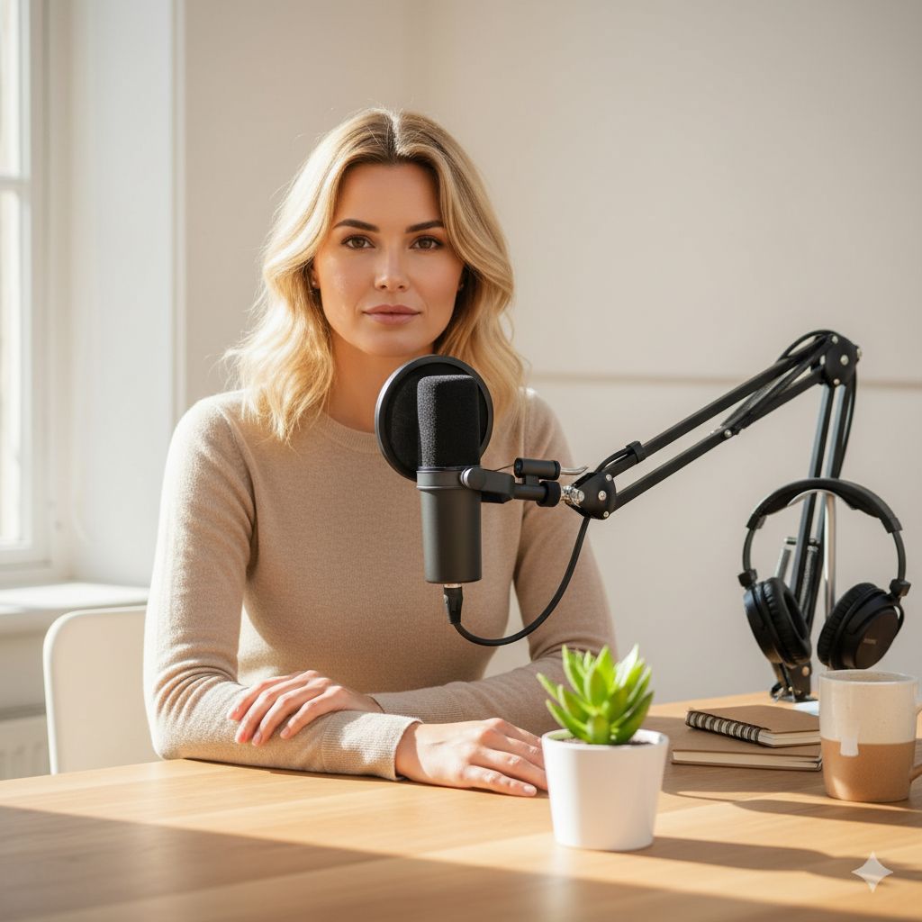 Nano Banana prompt: Ultra-realistic podcast setup with a stylish woman...