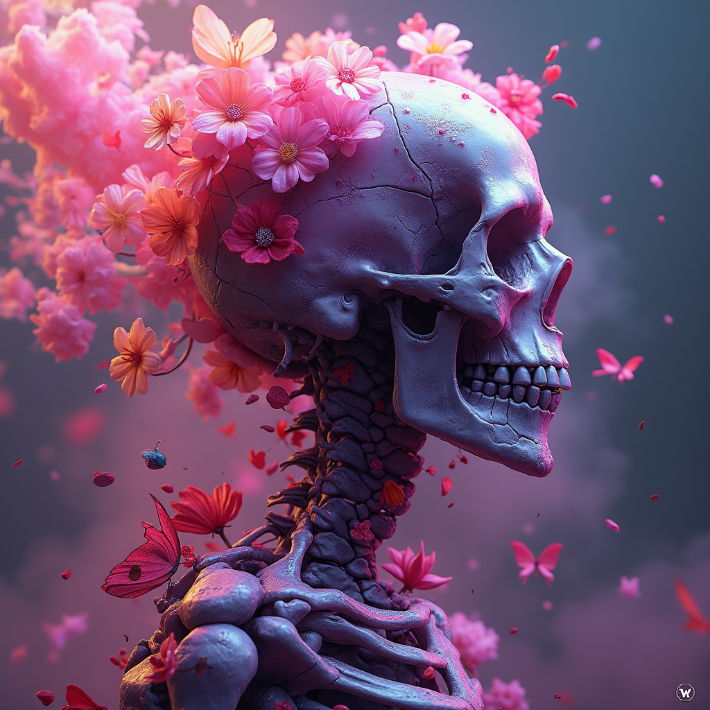 FLUX prompt: colorful flowers, dmt style, 3d render, Skeleton i...