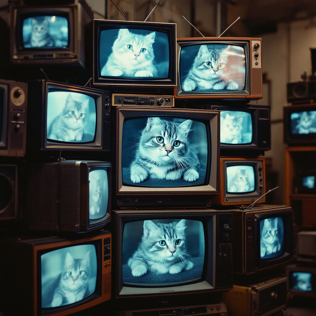 FLUX prompt: The camera rotates around a large stack of vintage...