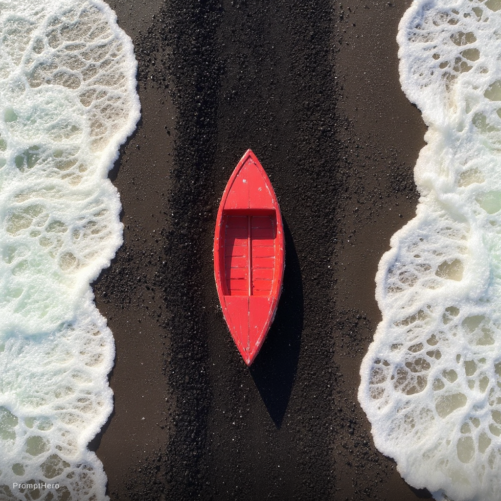 Flux Kontext prompt: small, red wooden boat rests on a dark, volcanic b...