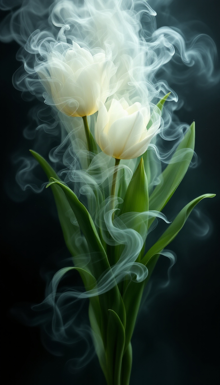 FLUX prompt: white tulip bouquet opening, liquid smoke fractals...