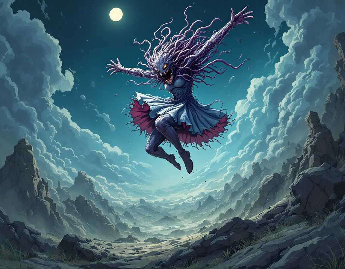 FLUX prompt: the prime girl jump through the air with a junji i...