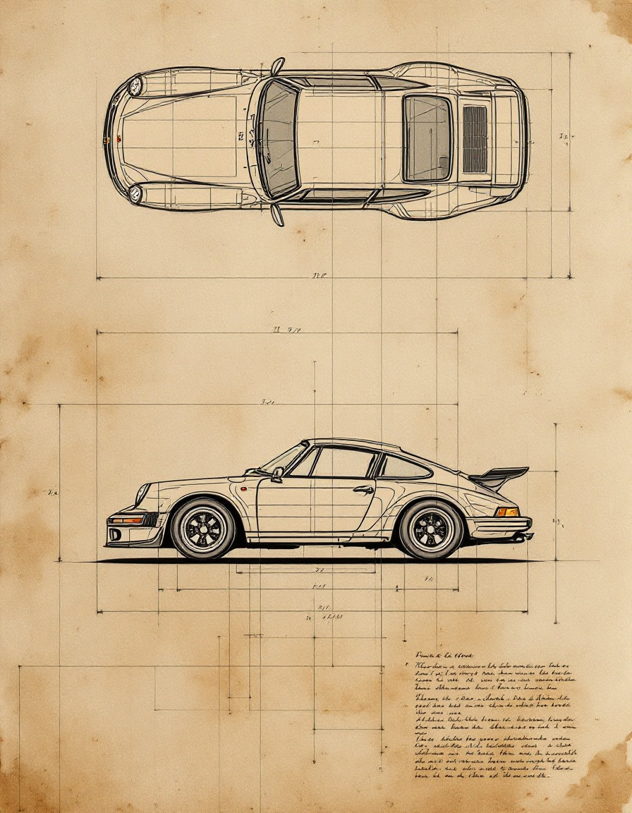 FLUX prompt: Porsche 911 GT3 technical draw, like vintage drawi...