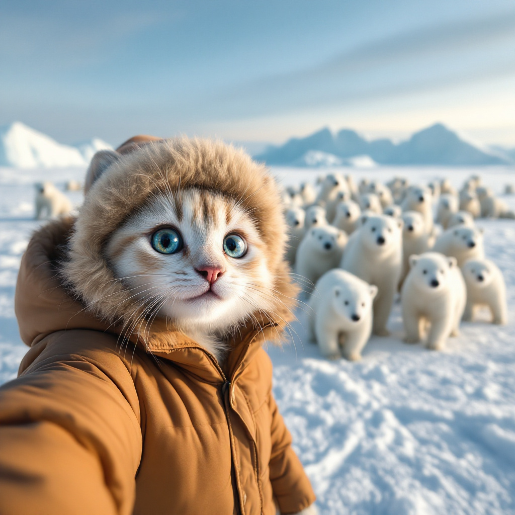FLUX prompt:  In the snow, there is an ice field with many pola...