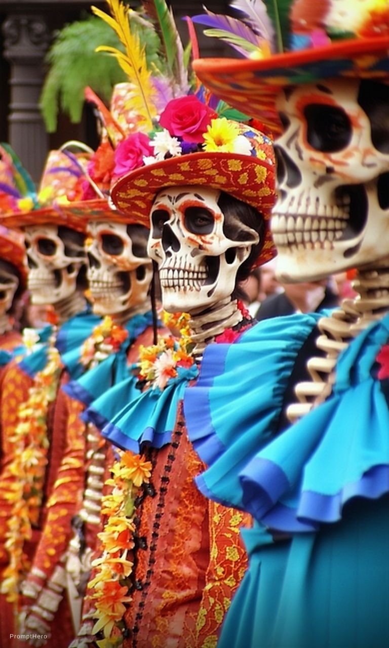 Stable Diffusion prompt: Dias de los Muertos Parade in Mexico City, high-re...