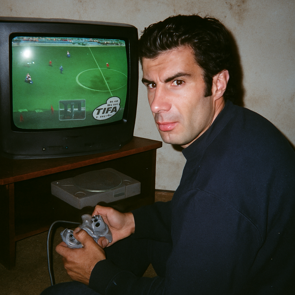 ChatGPT Image prompt: Grungy analog photo of Luis Figo circa 2000 playin...