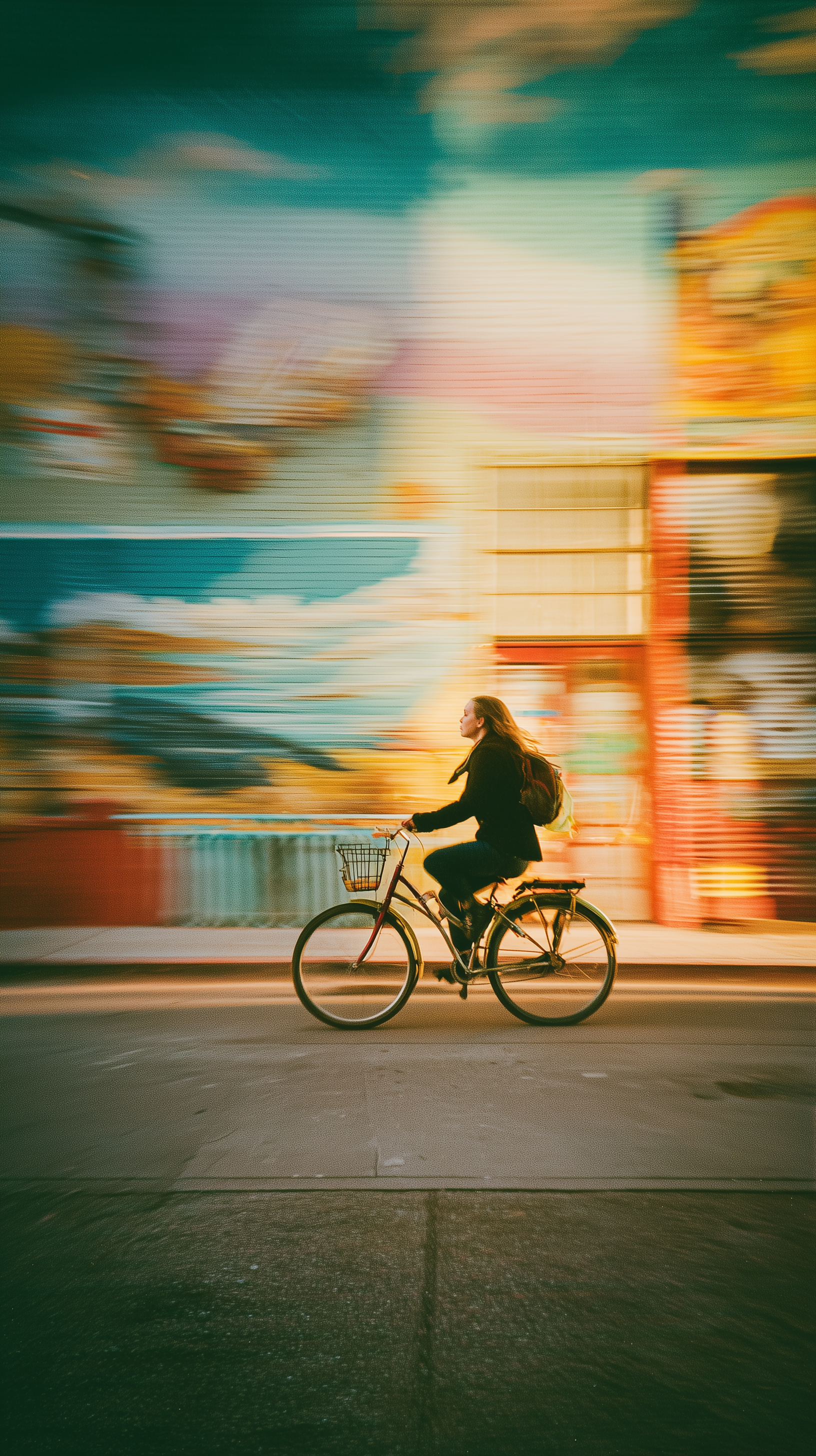 Midjourney Shatter prompt: urban winter film photography, woman biking past m...