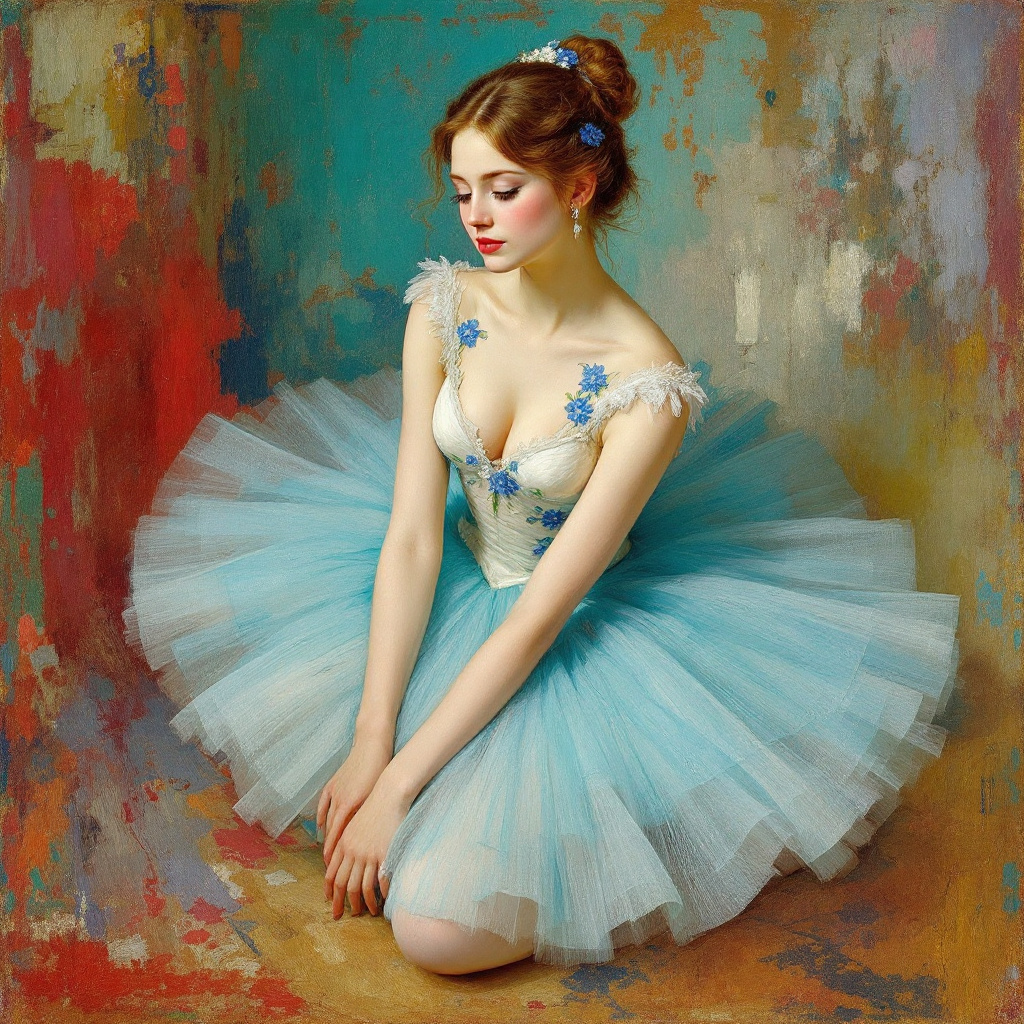 FLUX prompt: painting of a beautiful ballerina, dressed in a wh...