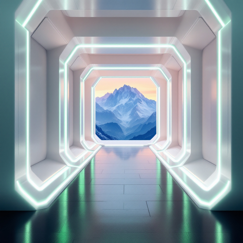 FLUX prompt: futuristic corridor, neon green illumination, geom...
