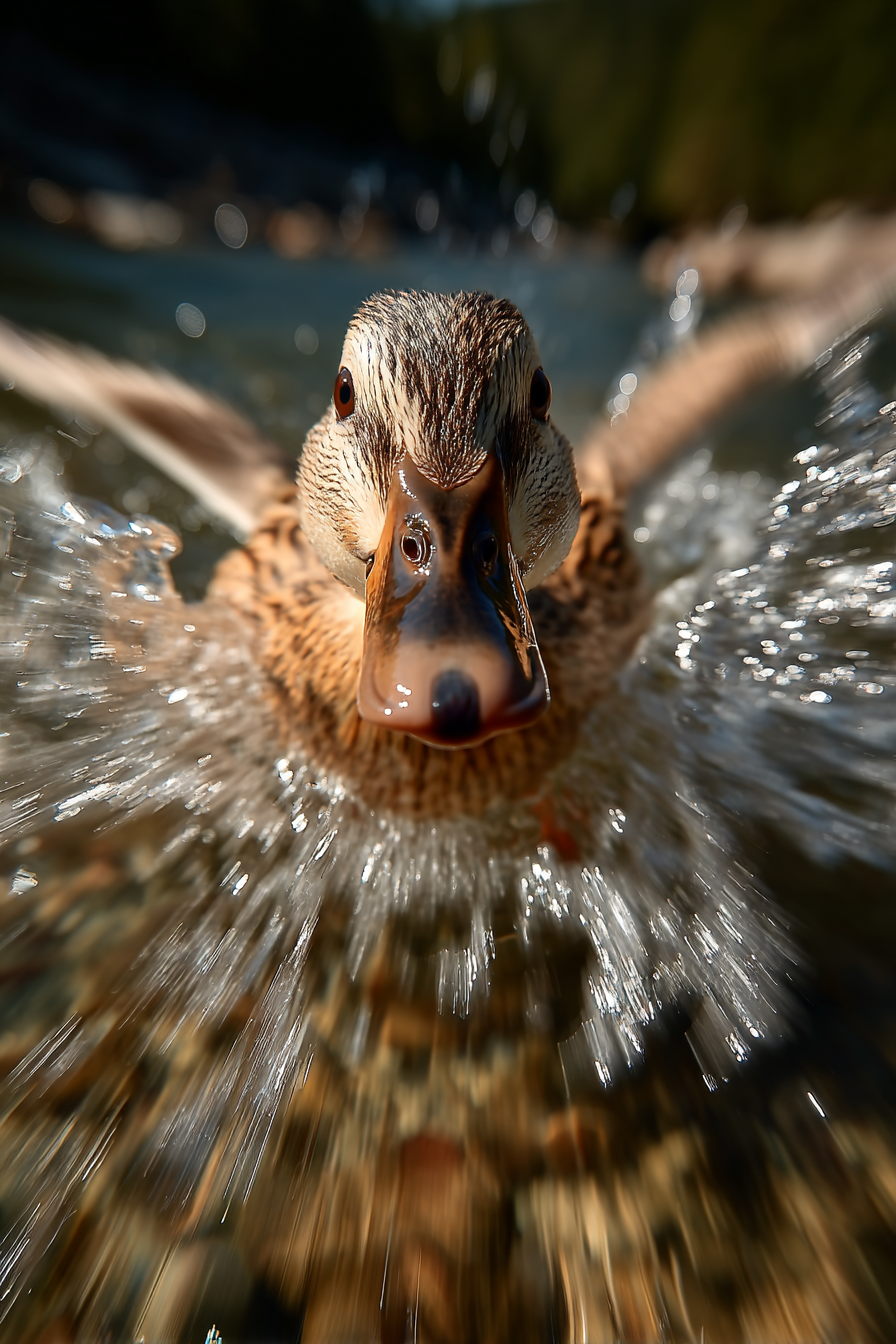 Midjourney prompt: capturing a duck feet moving very fast in the wate...