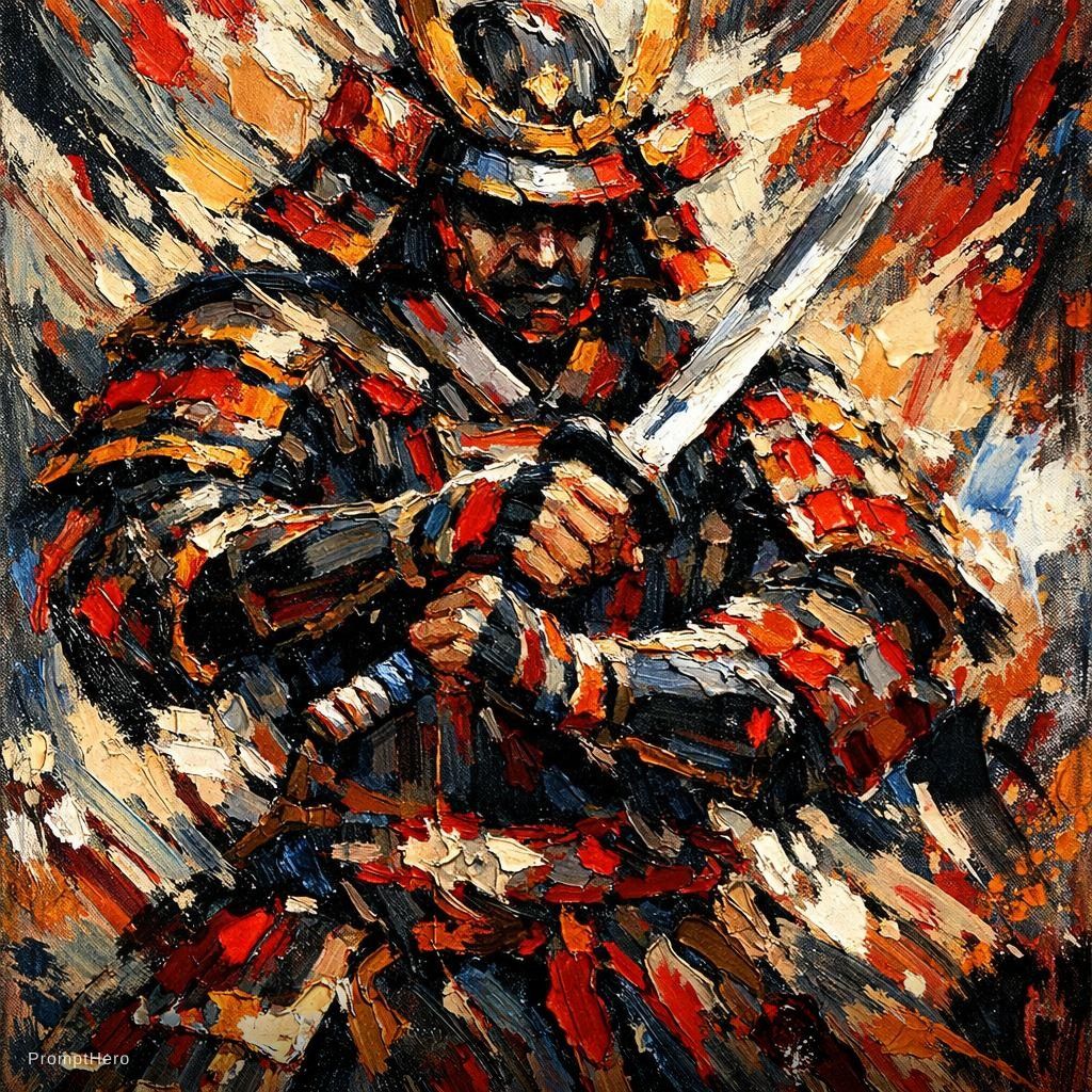 Hero prompt: samurai, palette knife technique, heavy impasto --...