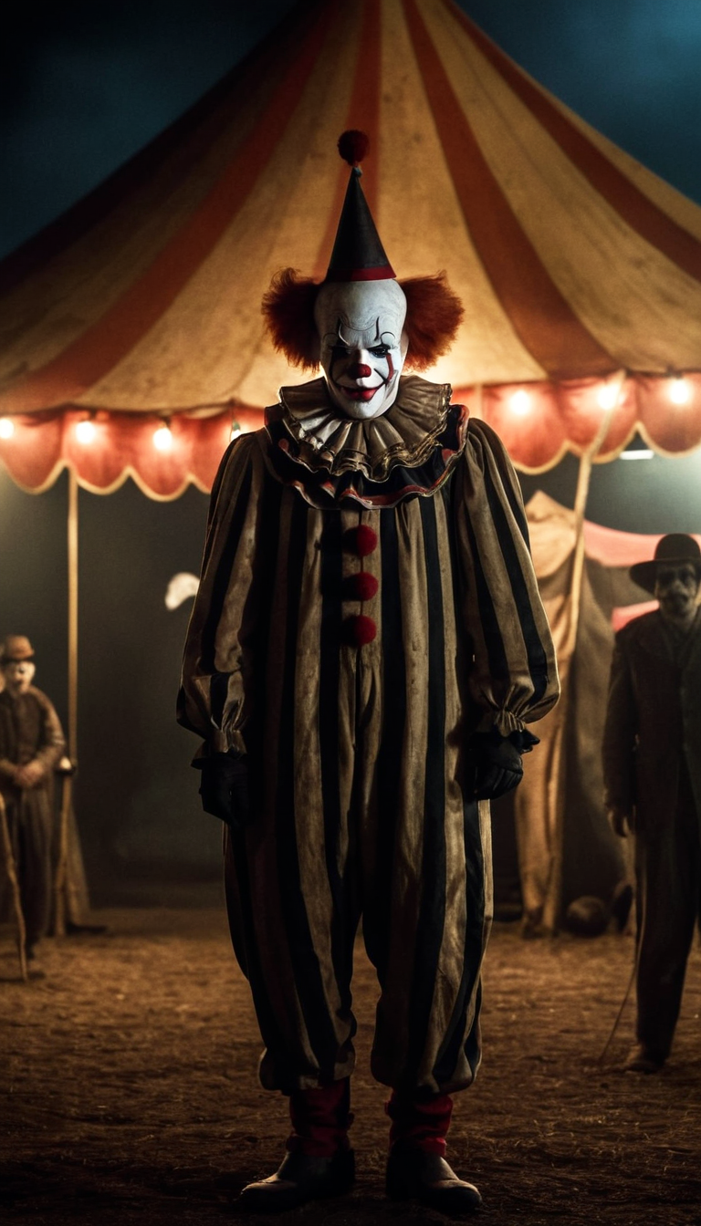 Stable Diffusion prompt: A evil clown standing in front of the circus tent ...