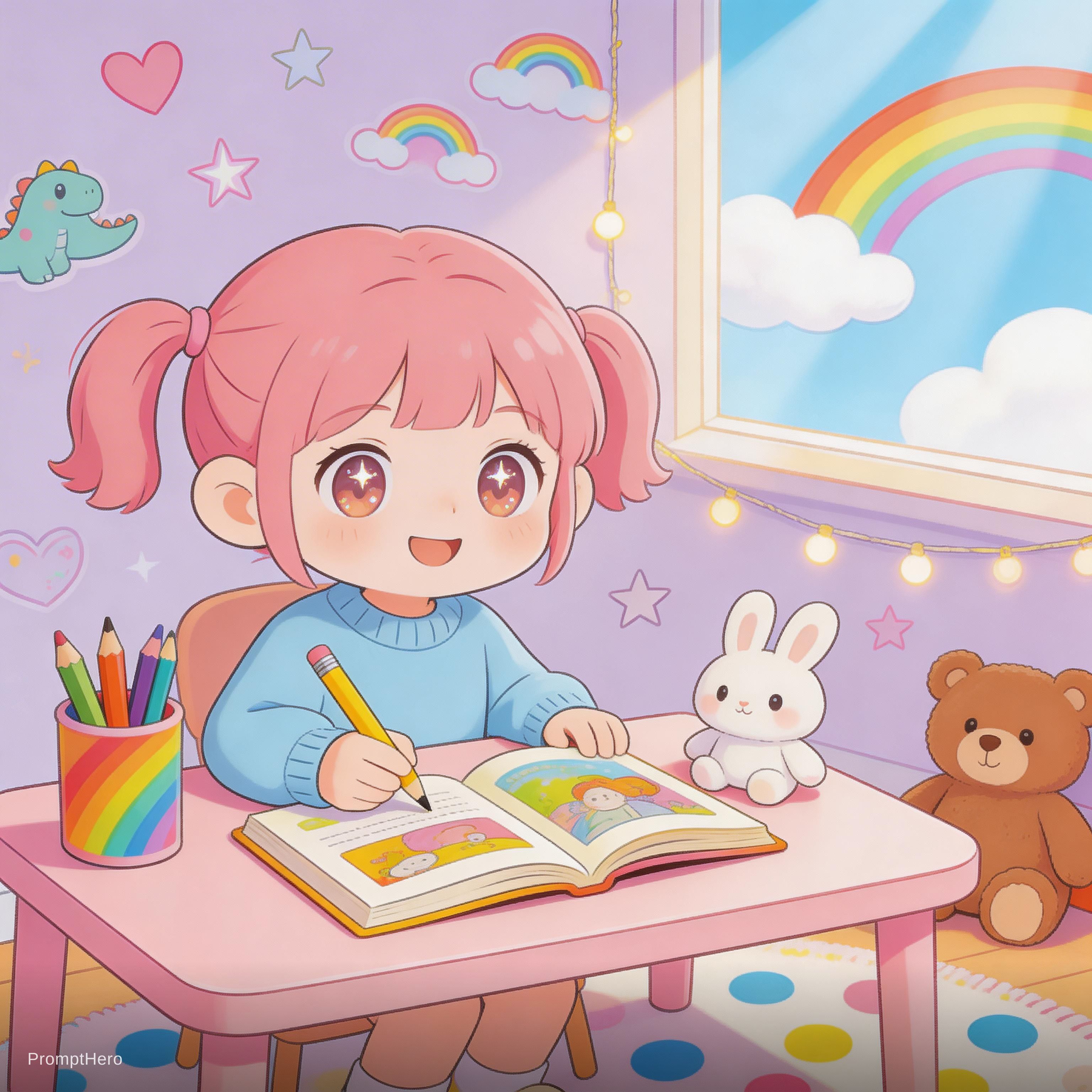Seedream 5 prompt: Girl cartoon learning in a play ful background