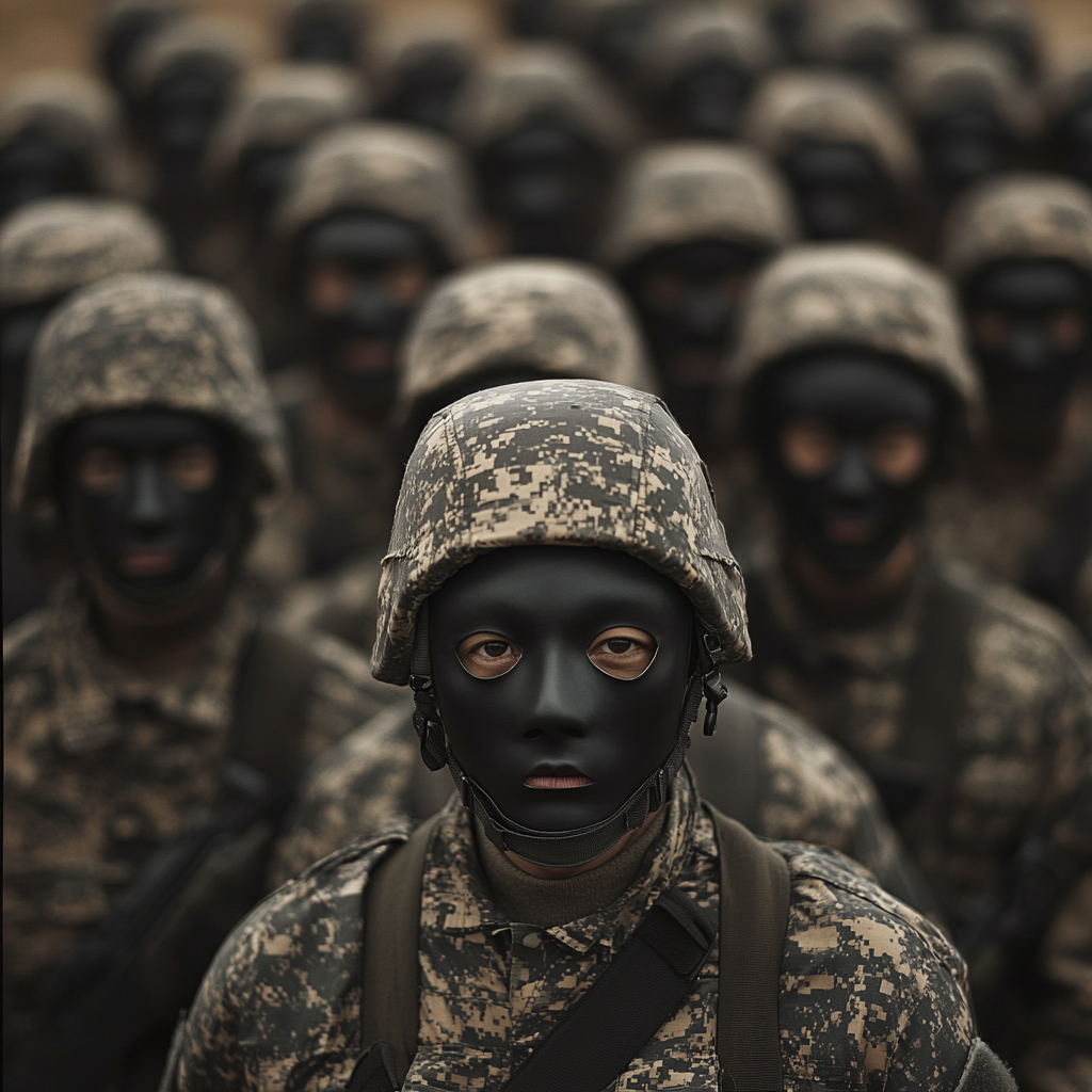 Midjourney prompt: an army of men from different races, all wearing t...