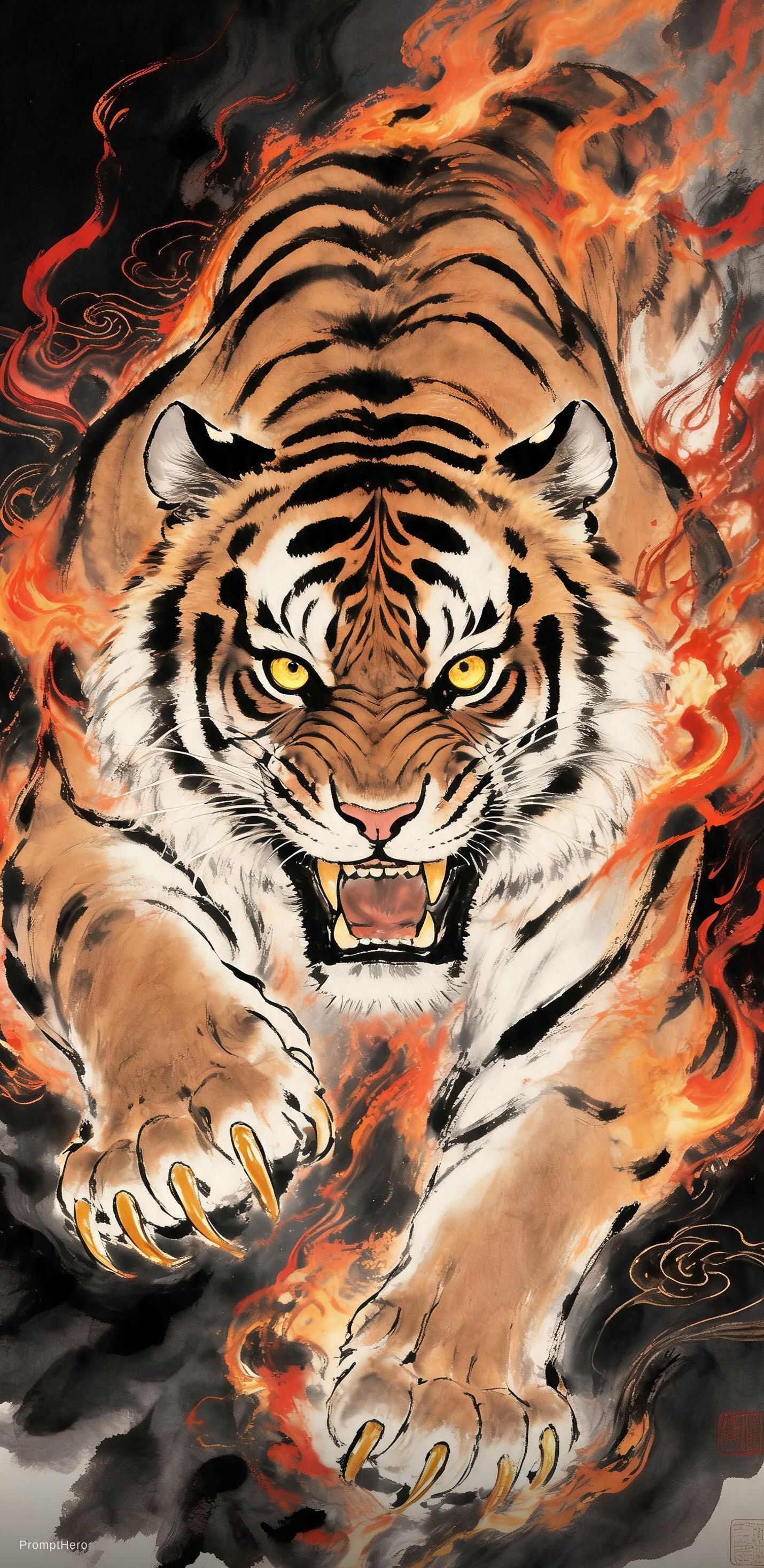 Hero prompt: Chinese ink wash art style, a ferocious tiger with...