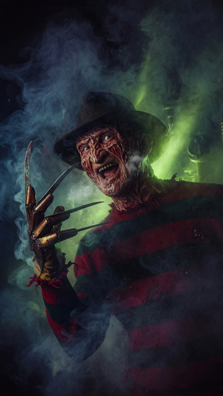 "Freddy Krueger standing menacingly in a thick, sw...