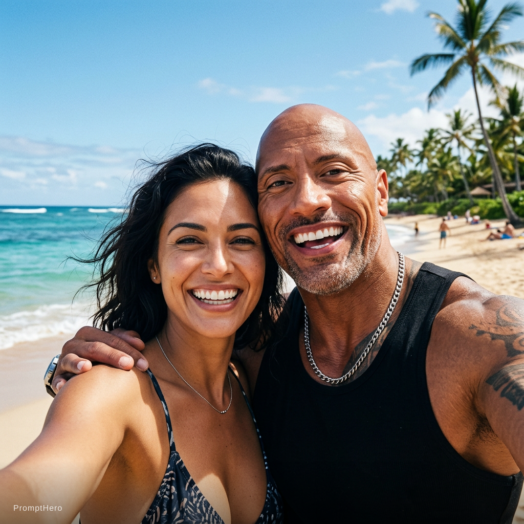 Nano Banana prompt: with Dwayne Johnson at a tropical beach, sunny day...