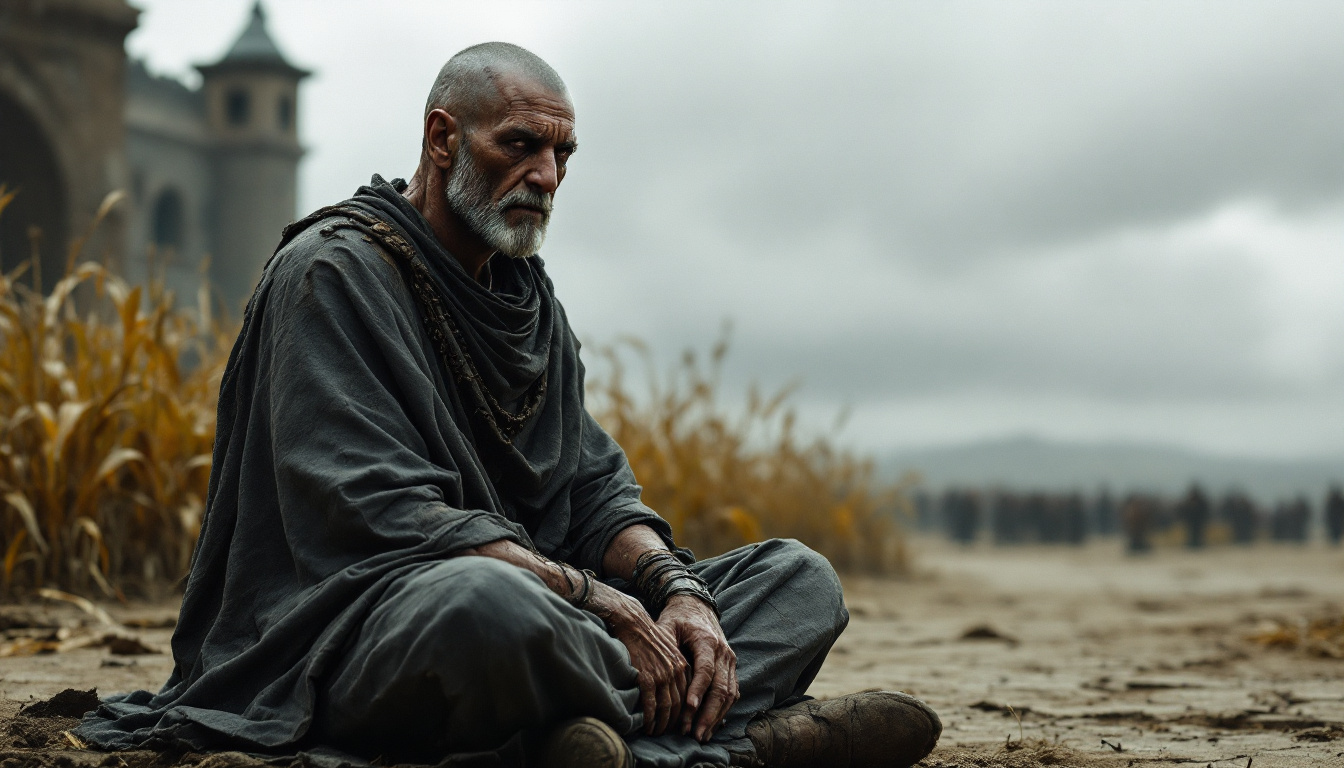 FLUX prompt: - **The King**: A man in his late 50s, with a rega...