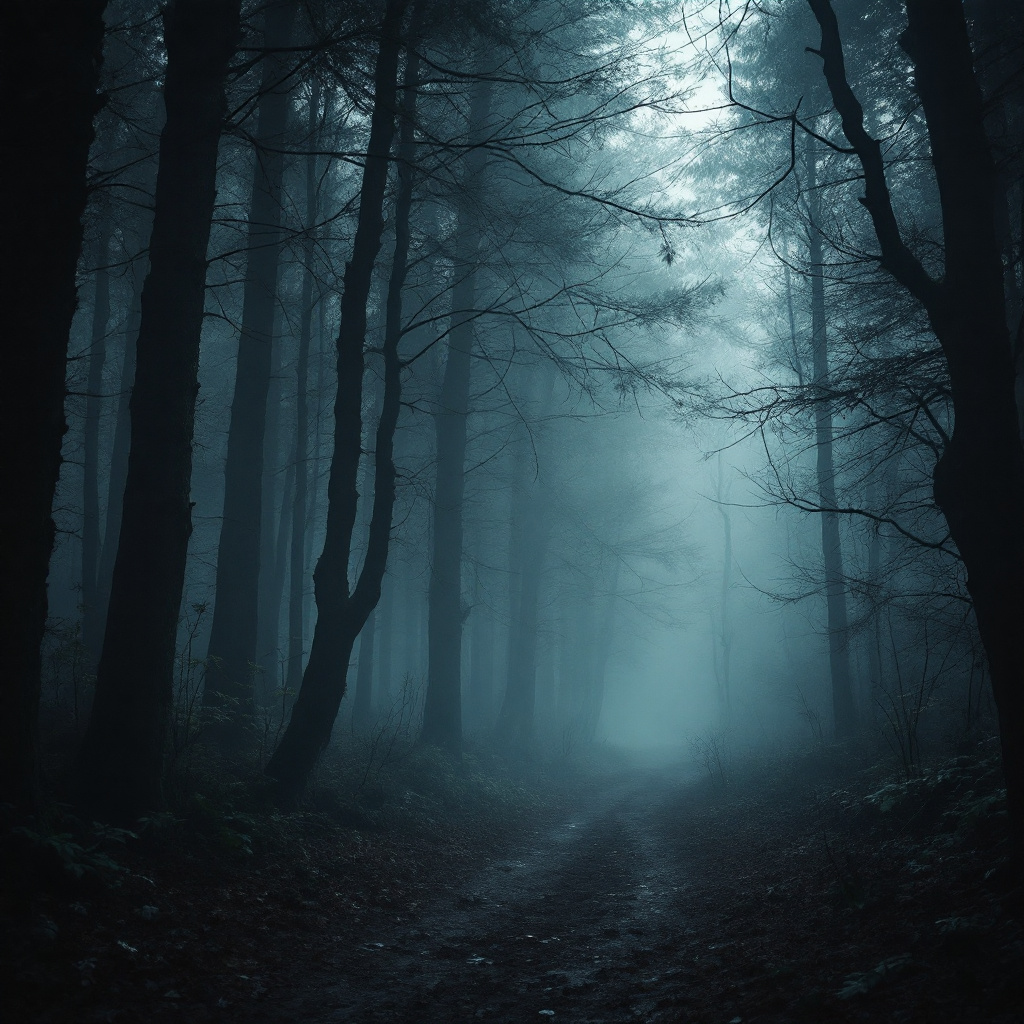 FLUX prompt: misty dark forest, eerie, mysterious vibe