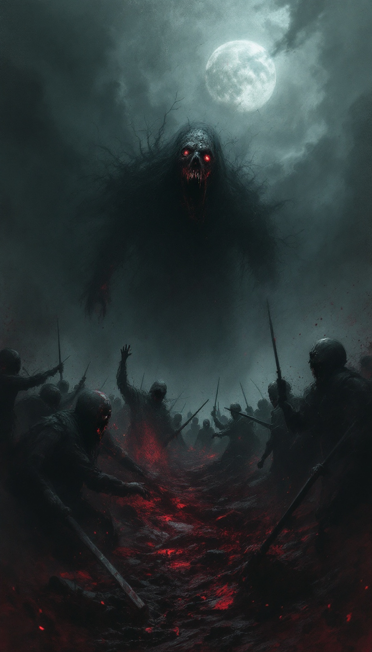 FLUX prompt: fear, brutal composition showing the terror of war...