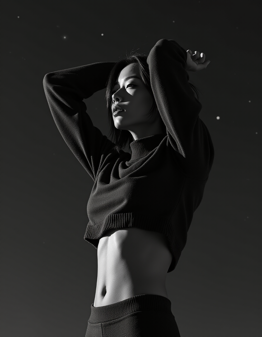 Flux.1-Dev (v1+v2) Flux.1-Schnell BNB NF4 prompt: monochrome High fashion photo of a 24 year old asi...