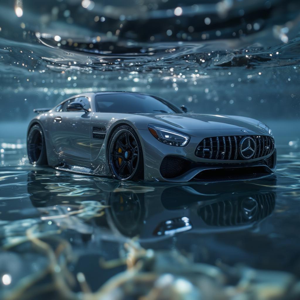 FLUX prompt: Benz AMG GT car whose reflex has fallen into the w...