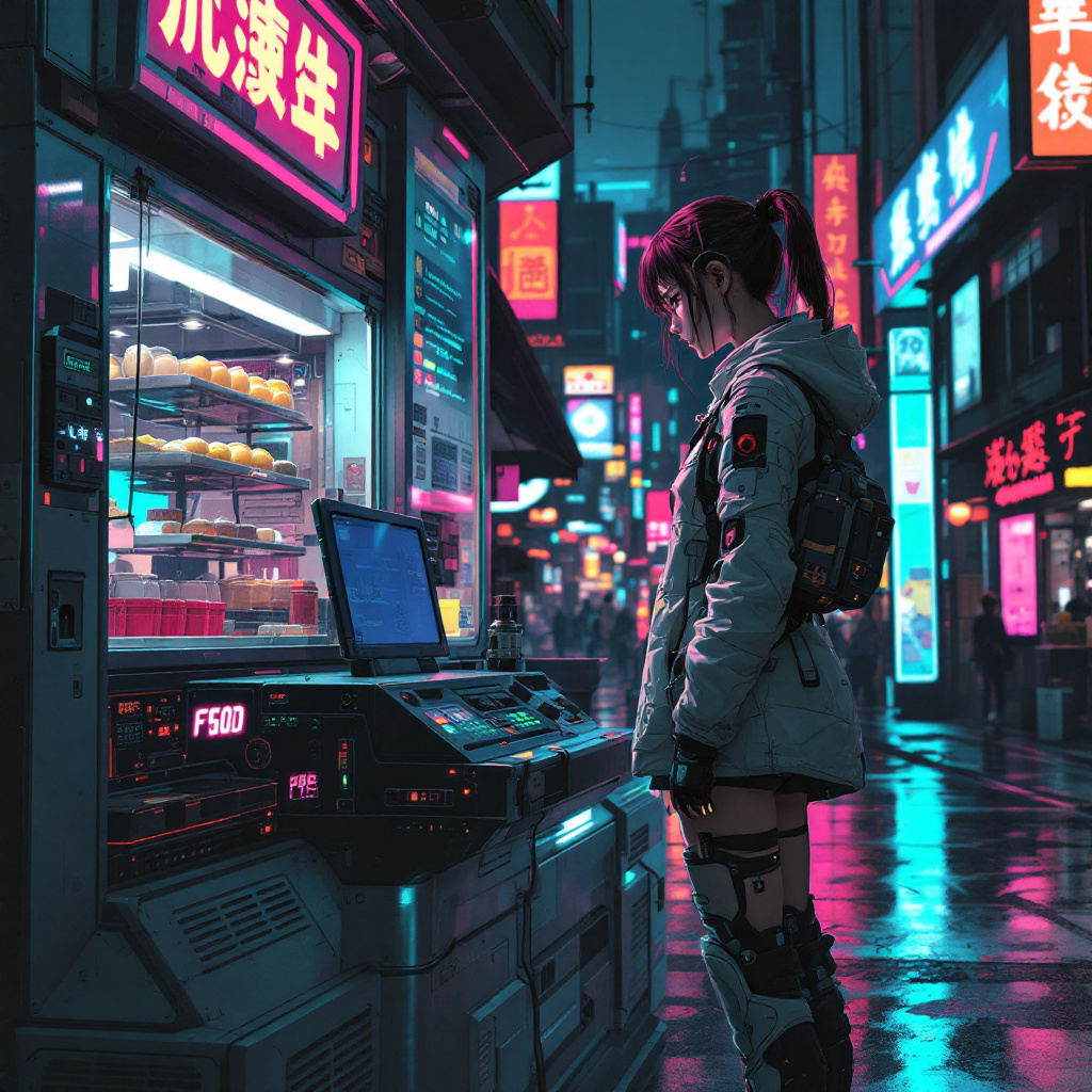 FLUX prompt: girl of the future using a food vendor machine, fu...