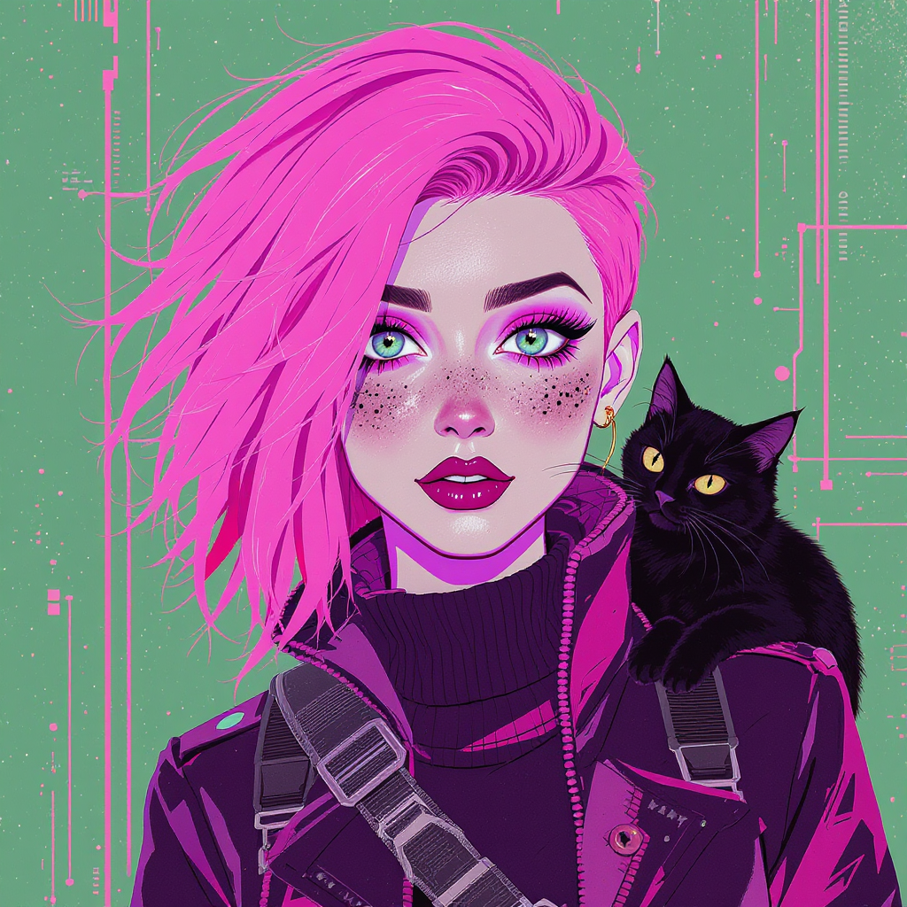 FLUX prompt: An illustration of a quirky girl with pink hair, i...