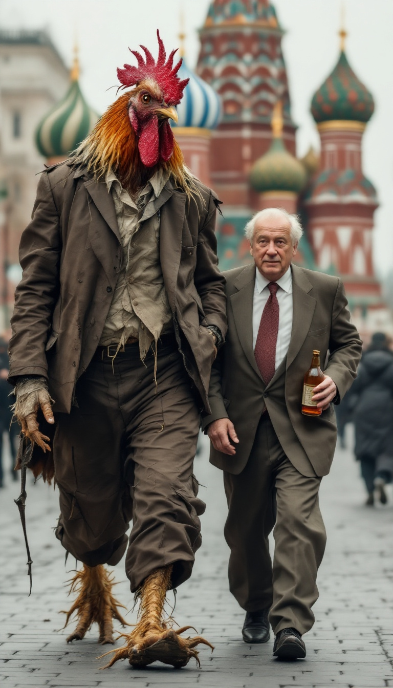 FLUX prompt: **"Photo of a scraggly rooster, twice as tall as a...